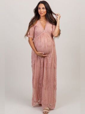 Pinkblush Dusty Pink Lace Mesh Overlay Maternity Dress